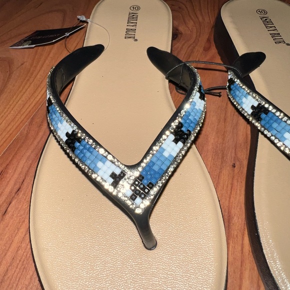 Blue and Black beaded and rhinestone embellished Flip Flops Sandals - Picture 10 of 11